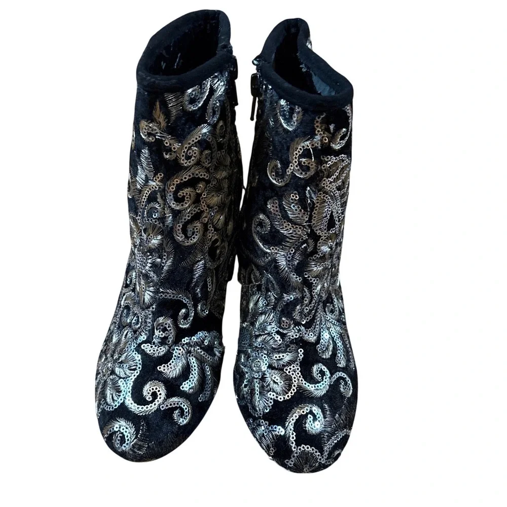 Marypaz Ankle Boots Women Black Silver Sequin Embroidered Velvet SIZE 37